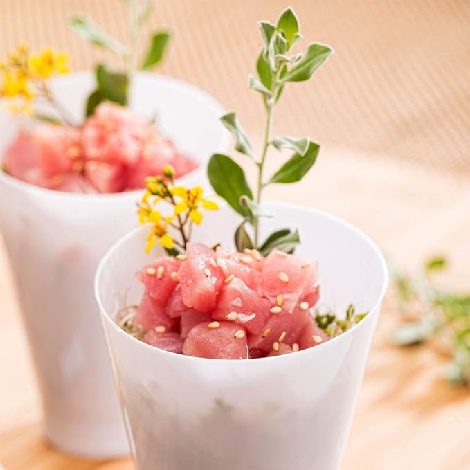 Restaurantware 7 Ounce Plastic Glasses 100 Round Incline Shooter Cups- Disposable Small White Plastic Round Bowls Unique Design For Soups Appetizers Or Desserts