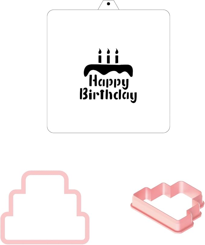 Birthday Cake Cookie cutter and stencil set Baking stencils and cutters bundle DIY bakery decorating kit Cookie cutter with stencils Icing stencil and cookie cutter combo(Birthday Cake)