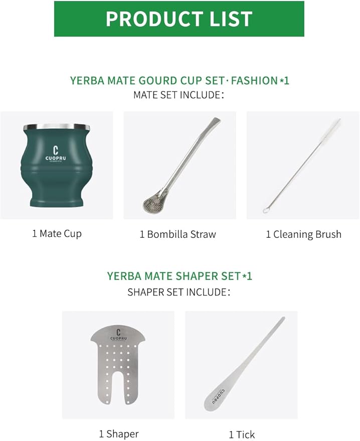 Yerba Mate Cup - Mate Gourd Set Includes Double Walled Stainless Steel Tea Cup, Tea Shaper set, Bombilla Straws, Cleaning Brush