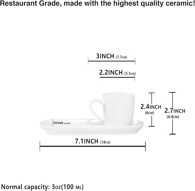 Italian Style Espresso Cup Set of 4 | Porcelain Demi Tasse Cups and Saucers, 3 oz
