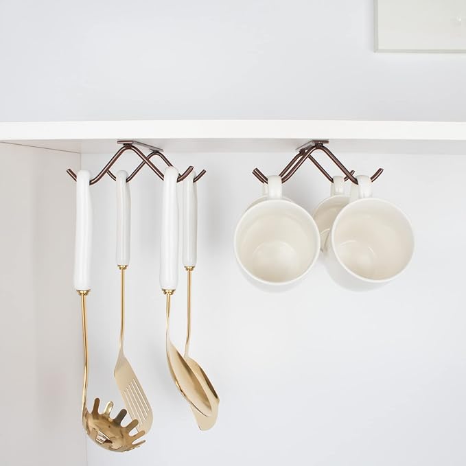 Cabinet Hook Mug Holder - Hanging Coffee Cup Rack for Kitchen, Under Cabinets Metal Hangers Organizer Shelf Storage Utensil (Brown)