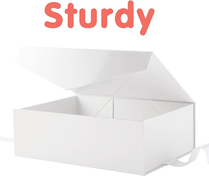 HAPPY POTATO Large White Gift Box with Ribbon 11.5x8.1x3.8 Inches, Bridesmaid Proposal Magnetic Gift Box with Lid for Presents (Glossy White)