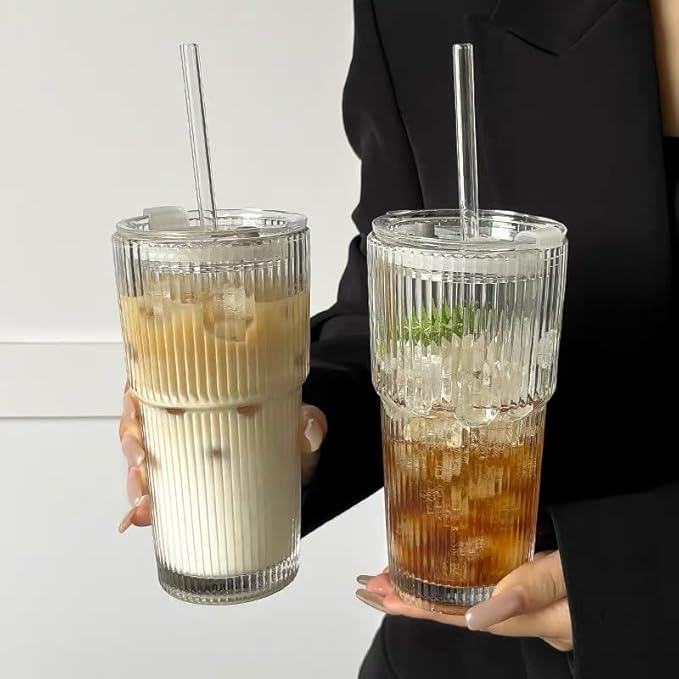 20oz Ribbed Glass Cups with Lids and Straws 2 Set, Vintage Glassware for Whiskey Cocktail Beer, Glass Tumbler, Iced Coffee Cups For Cold Drinks, Smoothie, Juice,Drinking (2)
