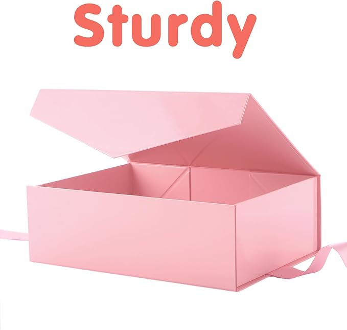 HAPPY POTATO Large Gift Box with Lid and Ribbon 11.5x8.1x3.8 Inches, Bridesmaid Proposal Box, Magnetic Pink Gift Box for Presents (Glossy Pink)