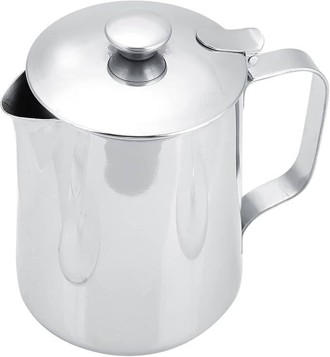 Stainless Steel Milk Frothing Pitcher, Stainless Steel Coffee Cup Mug Milk Frothing Pitcher Jug with Lid for Latte Coffee Art for Office Kitchen with handle(600ml)