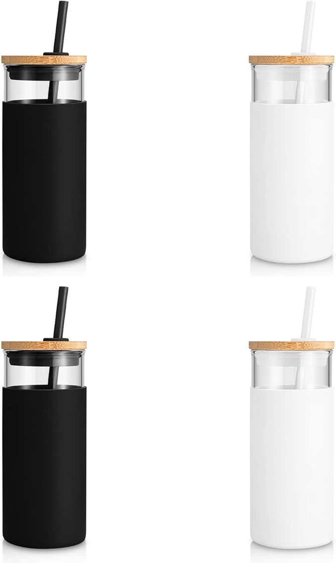 Tronco 20 oz Glass Tumbler Glass Water Bottle Straw Silicone Protective Sleeve Bamboo Lid - BPA Free - Black White/ 4 Pack
