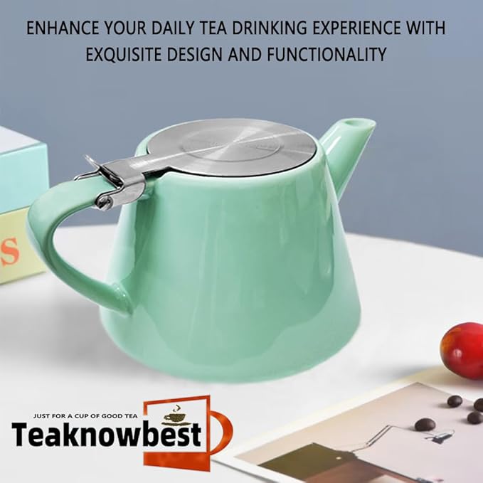 Ceramic teapot, 19oz Tea pot for loose leaf tea, Tea infuser pot with Removable 18/8 Stainless Steel Infuser and teaspoon, Suitable for 1-2 people to brew tea or coffee (azure)