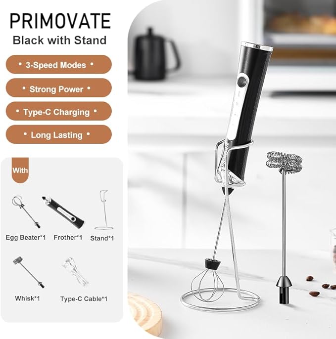 Rechargable Milk Frother, Handheld Drink Mixer with Whisk Attachment, 2025 upgraded, powerfull 3 speed motor, Type C charging with charge light, with extra egg mix head (White without Stand)