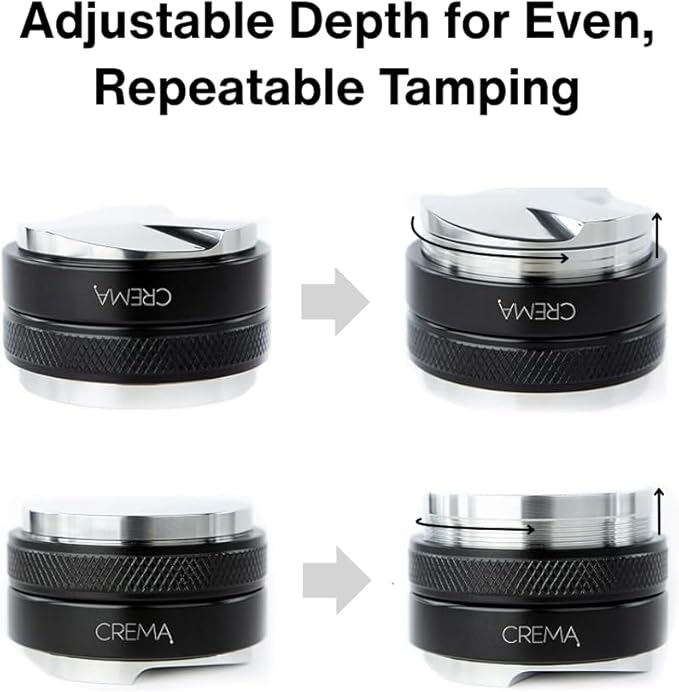 Crema Coffee Products 54mm Hand Tamper & Coffee Distributor | Compatible with 53.3mm Breville Portafilters | Double-Sided,Adjustable Depth Tool | Made with Durable 304 Stainless Steel | Silver