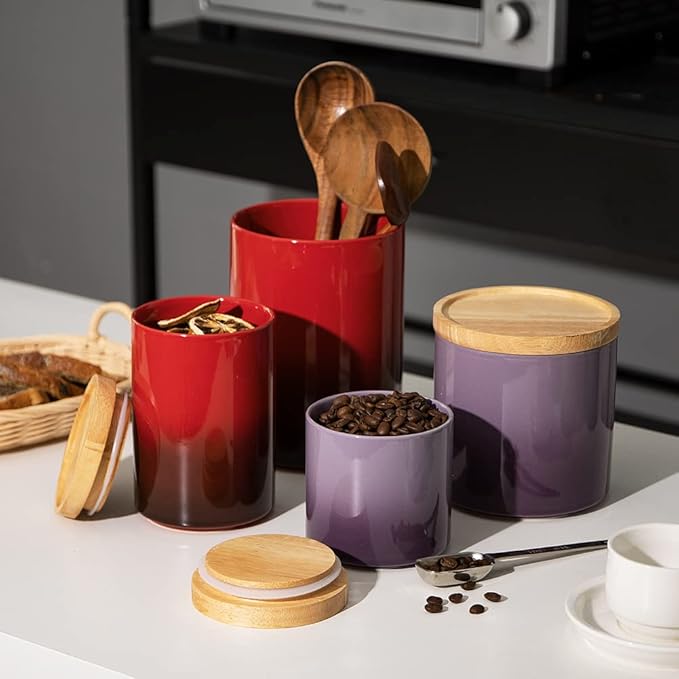Sweejar Ceramic Food Storage Jar, Stackable Kitchen Canisters, Containers with Airtight Seal Wooden Lid for Serving Ground Coffee, Tea, Sugar, Salt and More - 16 Fl Oz (Gradient Red)