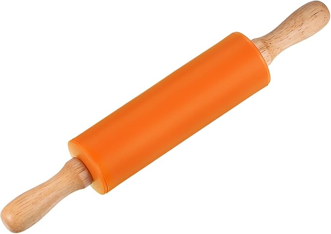 HARFINGTON Silicone Rolling Pins for Baking 12 Inch Wooden Handle Non Stick Rolling Pin Small Roller Playdough Rolling Pins for Dough Pizza Pastry Fondant Kitchen, Orange