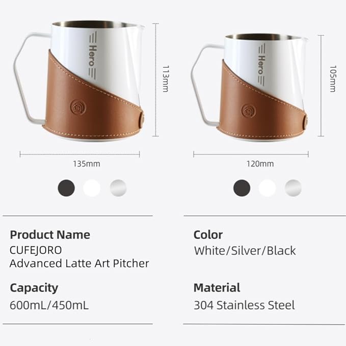Milk Frothing Pitcher 450ml/16oz 304 Stainless Steel Espresso Steaming Pitcher with PU Leather, Milk Frothing Jug,milk frother cup,Milk Jug Cup,Premium Barista Tools,Latte Art (Black,20oz)
