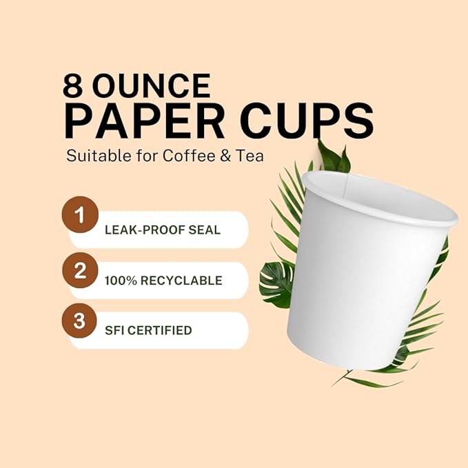 Paper Cups 8 oz 1000 Pack for Coffee & Tea Made in USA | Bulk 1000 Count for Home, Office, Restaurants & Parties | Recyclable Disposable 8 Ounce To-Go Cups for Hot Drinks