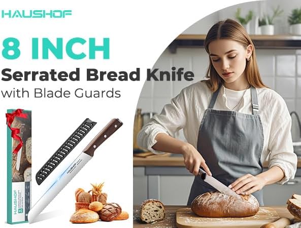 HAUSHOF Bread Knife with Sheath, 8-Inch Serrated Bread Knife for Homemade Bread, 5Cr15Mov Premium Stainless Steel Bread Cutter with Gift Box for Mom Dad, Full Tang and Ergonomic Handle