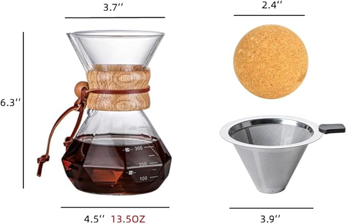 Pour Over Coffee Maker With Wood Sleeve，13.5oz/400mlPour Over Coffee Dripper,Pour Over Coffee Maker Set With Cork Stopper (13.5oz/400ml)