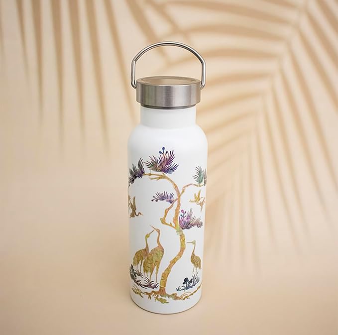 Mother of Pearl Design Stainless Steel Water Bottle 17 oz Leakproof Screw Cap Metal Handle Lid Wide Mouth Double Wall Vacuum Insulated Travel Sport Water Flask Thermo Mug (Crane Pine White)