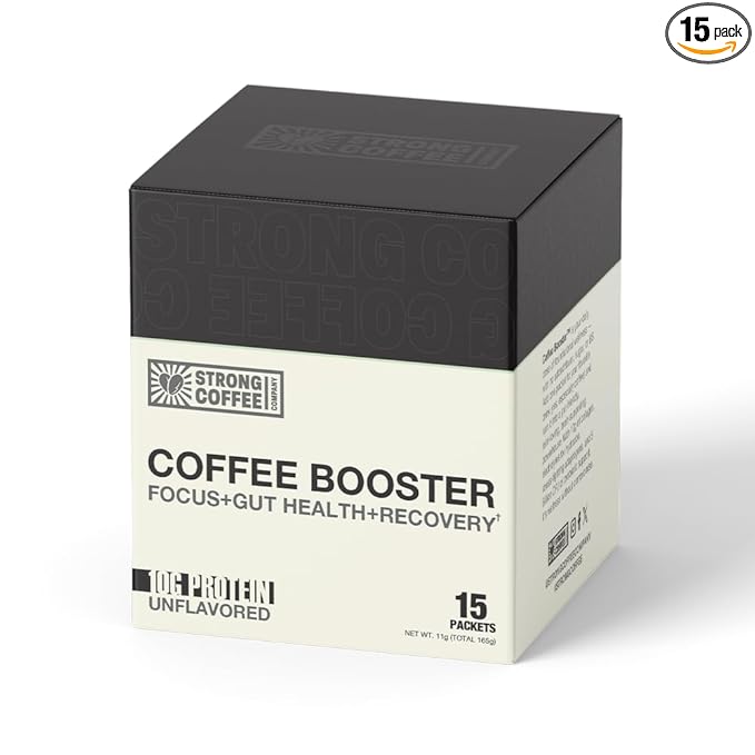 STRONG COFFEE COMPANY Coffee Booster – Collagen Coffee Protein Powder with NeuroFactor®, L-Theanine & Gut Health – 10g Protein, Electrolytes – Focus & Energy – 15 Packets