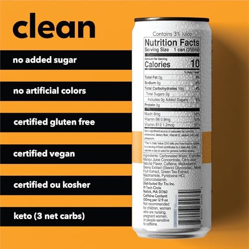 Tru Energy Seltzer, Sparkling Water with Natural Caffeine, Orange Mango Juice, Green Tea Extract & B Vitamins, Lightly Carbonated Energy Drink, Gluten Free, Vegan, Low Calorie, 12 FL OZ Cans, 12 Pack