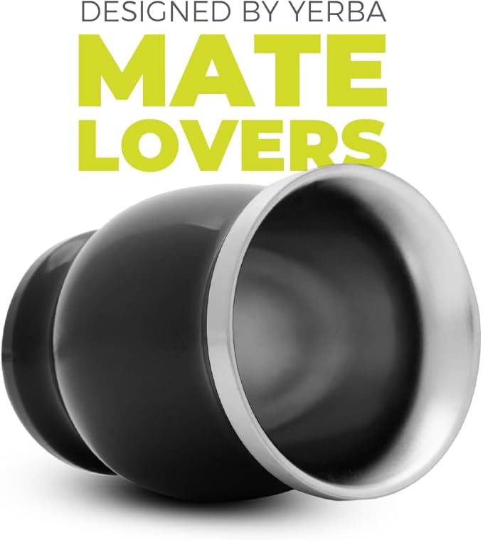 BALIBETOV Stainless Steel Double-Wall Mate Cup And Bombilla Set - Yerba Mate set Includes One Yerba Mate Cup, 2 Bombillas Mate (Straw) & Brush - Easy to Clean (Black)