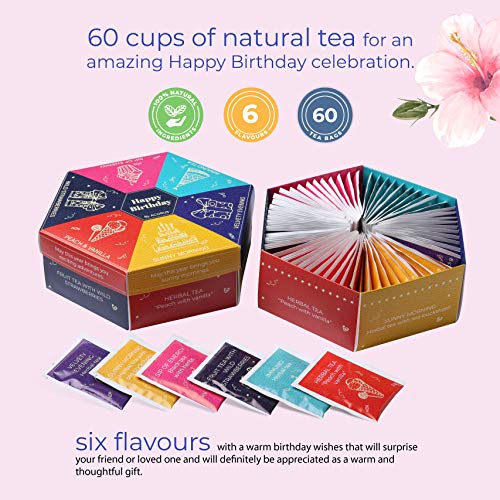 Acorus Happy Birthday Tea Gift Sets | Assorted Tea Set Birthday Present to Those Who We Care about | Herbal Fruit and Black Tea Variety Pack with Warm Wishes Written all Over the Box | 60 Tea Bags