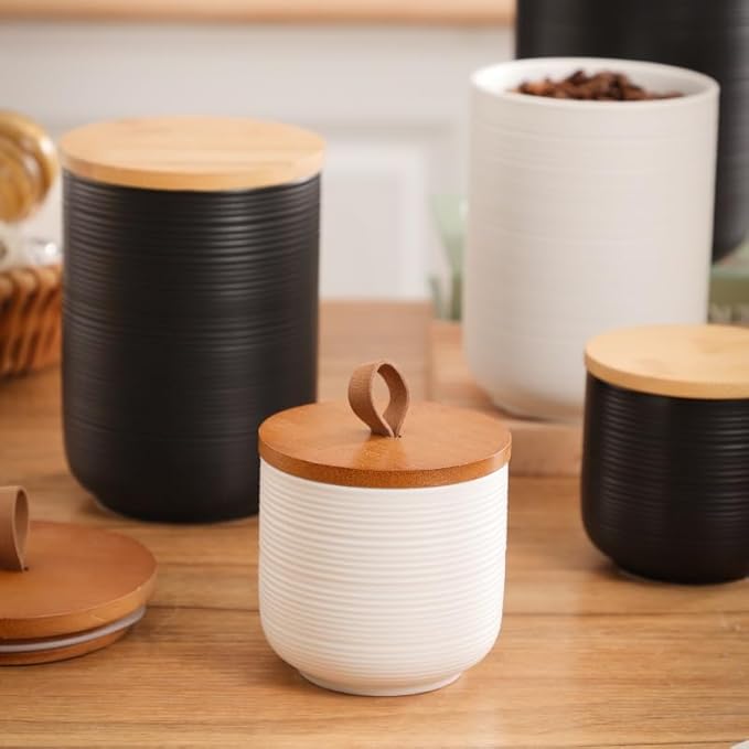Food Storage Jar Strong Ceramic Storage Canisters with Airtight Wooden Lid,Kitchen Storage Containers for Serving Coffee Beans, Tea, Sugar, Salt, Spices (Big white)