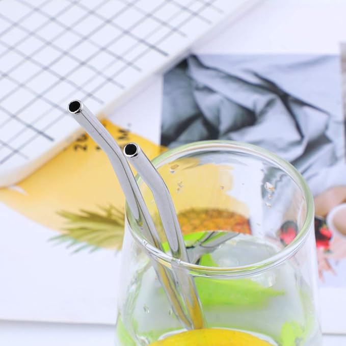 Straws - 8 PCS Silver 8.5 Inch 18/8 Stainless Steel Reusable Metal Straws With 2 Cleaning Brushes