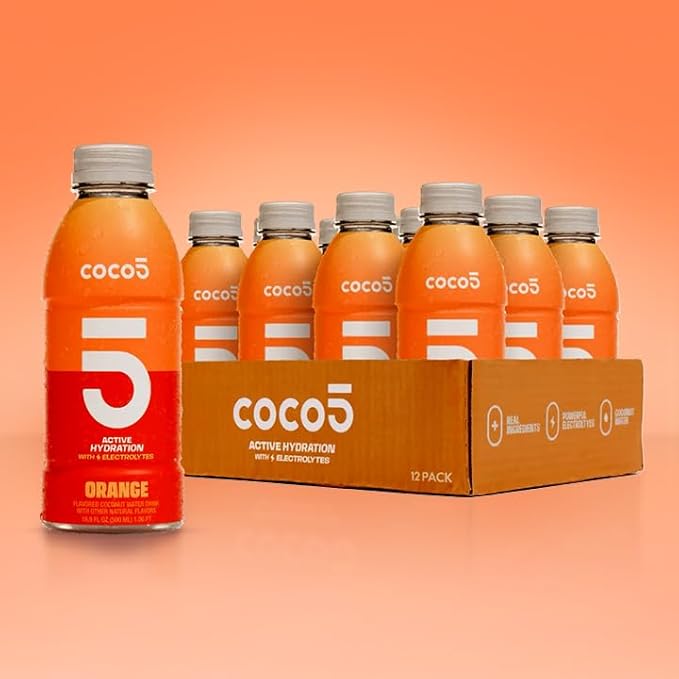Coco5 Clean Sports Hydration Orange Flavor | 100% Natural | 50% Less Sugar | Nothing Artificial | Non-GMO | Gluten Free | Developed by Pro Trainers for Pro Athletes | 16.9 Oz (Pack - 12)