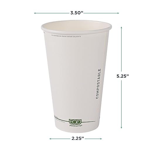 ECO PRODUCTS Compostable Disposable GreenStripe 16oz Coffee Cups, Case of 1000, White Single Wall Hot Paper Cup, Plant Based PLA Lining, Biodegradable
