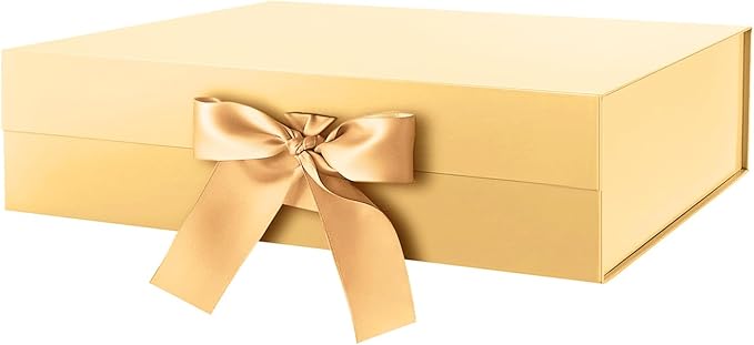 HAPPY POTATO Large Christmas Gold Gift Box with Lid and Ribbon 13.5x9x4.1 Inches, Bridesmaid Proposal Boxes, Magnetic Easter Gift Box for presents (Glossy Gold)