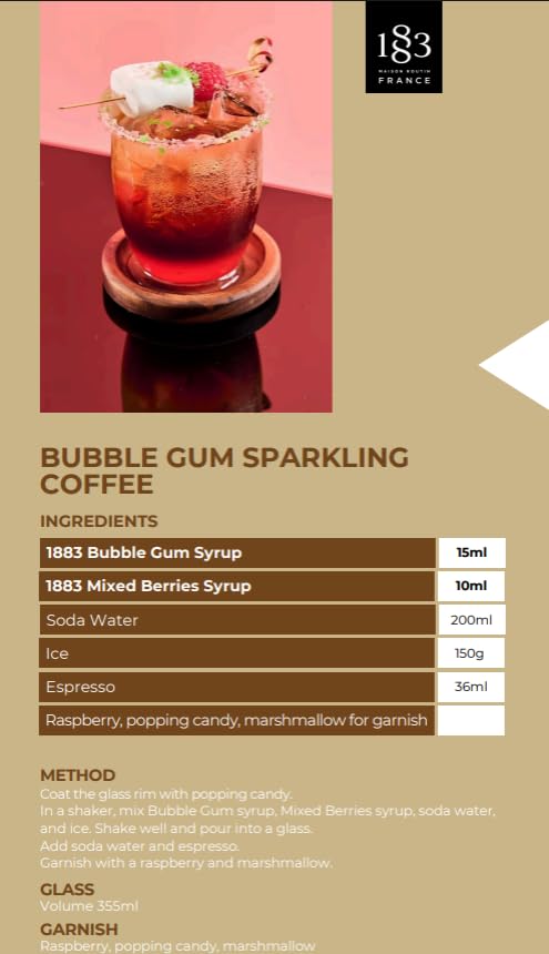 1883 Bubblegum Syrup for Drinks, Made in France, 1 Liter Glass Bottle