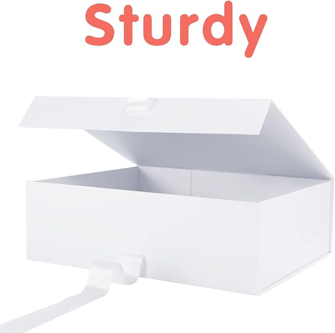HAPPY POTATO Large Gift Box with Lid 13.5x9x4.1 Inches, White Gift Box with Ribbon, Magnetic Gift Boxes for presents (Glossy White)