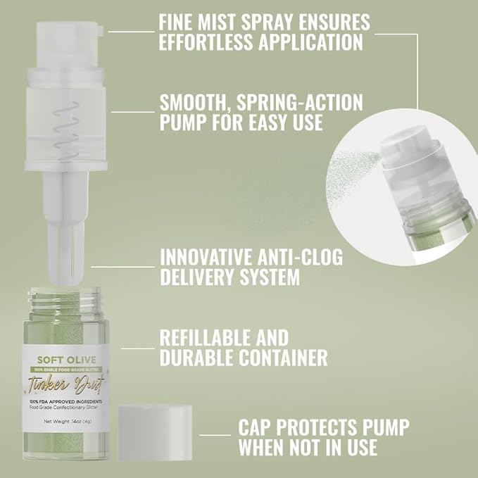 Bakell - Soft Olive Tinker Dust (4g, 1x Mini Spray Pump) Edible Glitter for Food, Desserts, and Beverages!