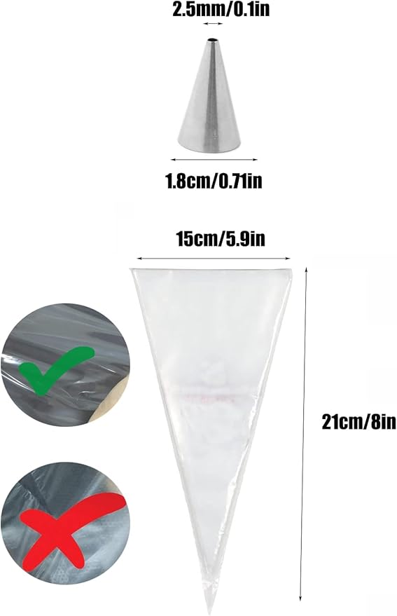 #4 Piping Tip and Bag Set – 3 Round Decorating Tips & 20 Disposable 8-Inch Bags for Writing, Outlines, Dots & Detail Work