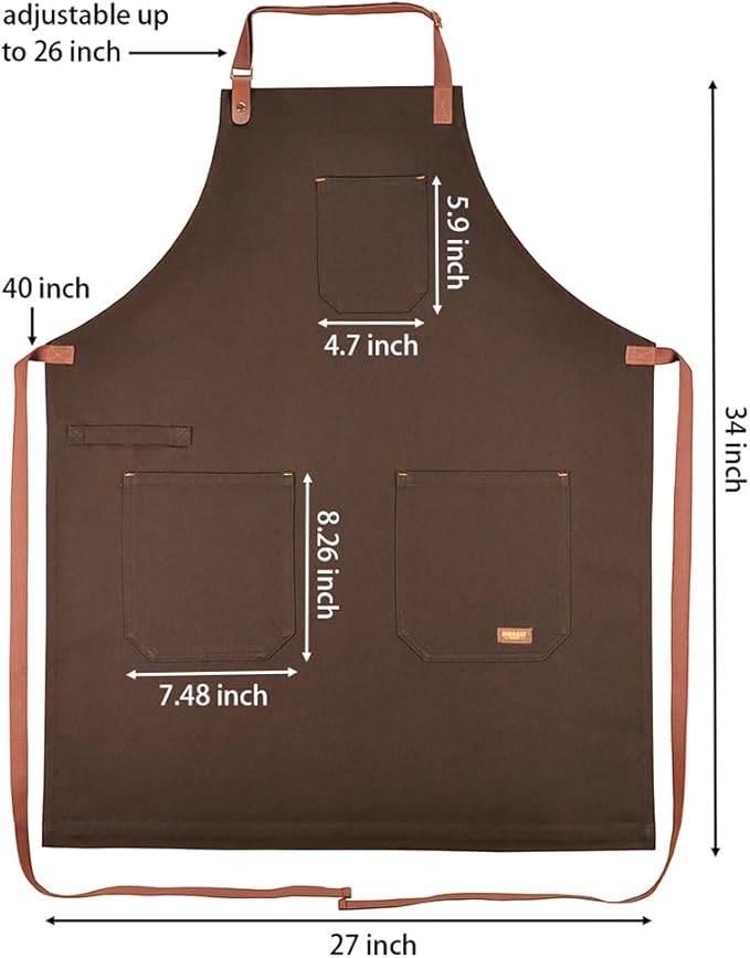 Chef Bib Apron with Pockets Professional Kitchen Cooking Grill BBQ Apron for Men Women, with Pockets Towel Loop and Adjustable Neck Strap (Brown)