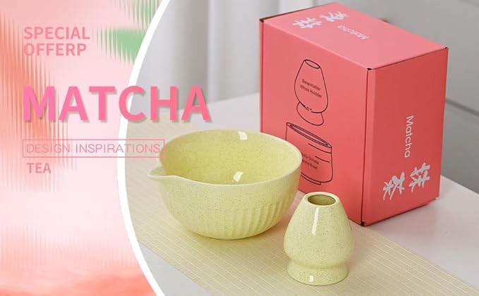 Matcha Tea Set, Glazed Ceramic Bowl and Whisk Holder, Light Yellow, 2-Piece