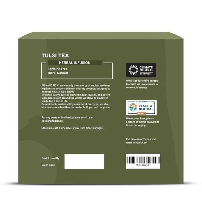 HANDPICK, Holy Basil Tea Bags (100 Count) Caffeine Free, Non-GMO Tulsi Leaves- Tulsi Tea | Round Herbal Tea Bags