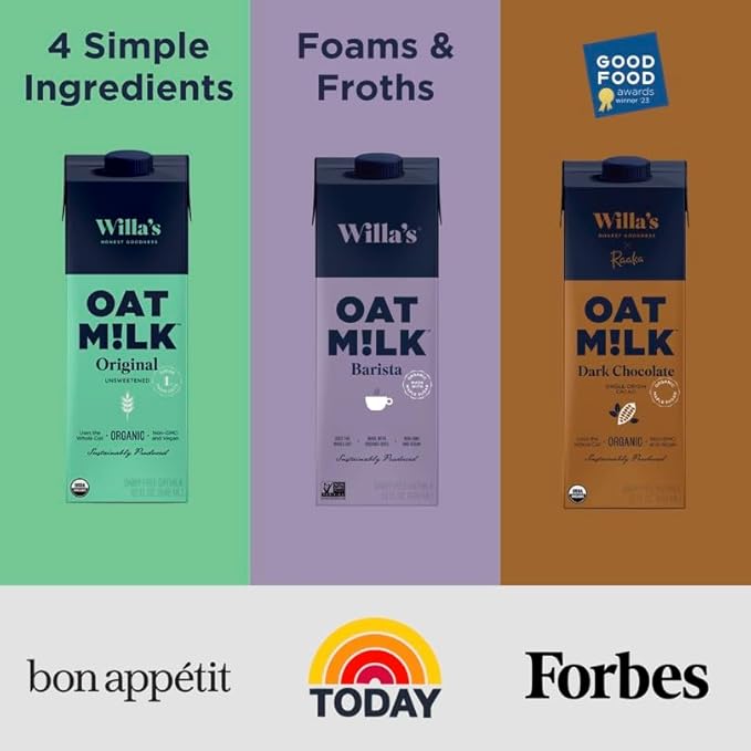 Willa's Organic Oat Milk - Unsweetened Original Oatmilk, Non-GMO, Shelf Stable, Low Sugar, Non-Dairy Vegan Milk, Made from Whole Oats, No Oil, No Gums, 32oz, Pack of 6