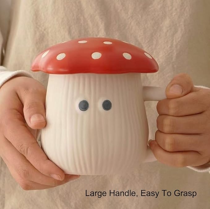 Cute Mushroom Mug with Lid, Handmade Glaze Cover & Eyes, Safety Matt Ceramic Milk Mugs, 12 oz Cartoon Tea Cup. Best Gifts for Women & Girls.