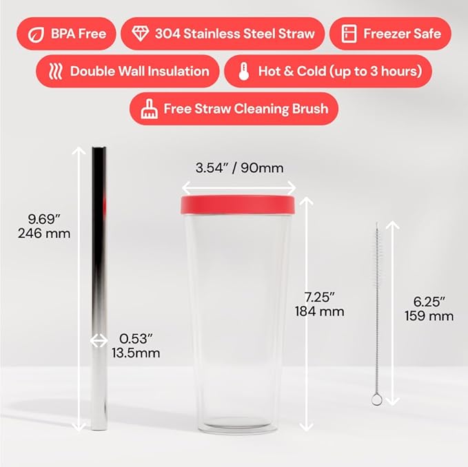 Dodoko Reusable Boba Cup and Straw Boba Tea Cup Bubble Tea Cup Reusable Iced Coffee Cup Cold Coffee Cup Smoothie Cup with Lid and Straw Smoothie Cup to go Smoothie Tumbler 17 oz - Hot Pink