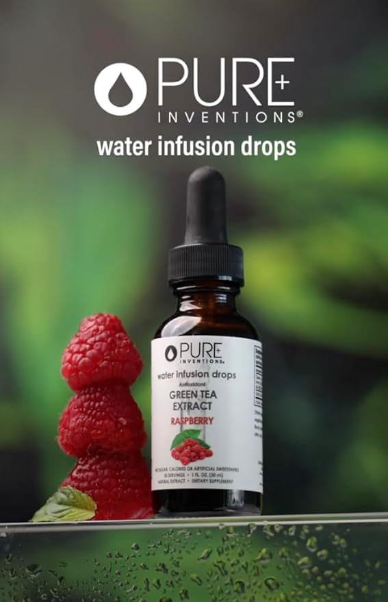 Pure Inventions - Green Tea Raspberry Water Infusion Drops - Antioxidants & Electrolytes - Health & Wellness Drink - Immunity Support - Sugar Free, Zero Calorie, No Artificial Sweeteners - 30 Servings