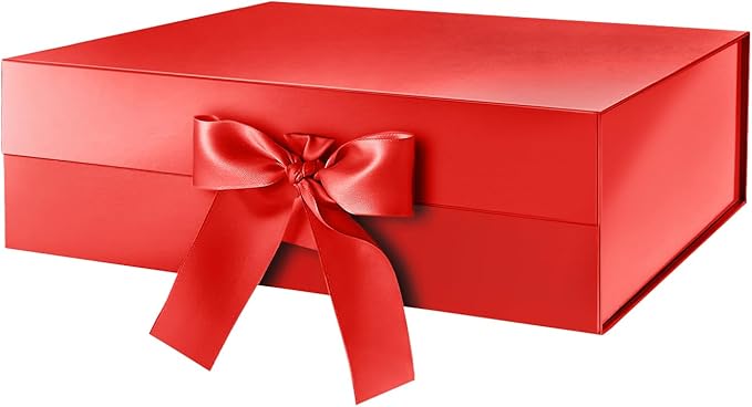 HAPPY POTATO Large Christmas Gift Box with Lid and Ribbon 13.5x9x4.1 Inches, Bridesmaid Proposal Box, Red Gift Box for presents (Glossy Red)