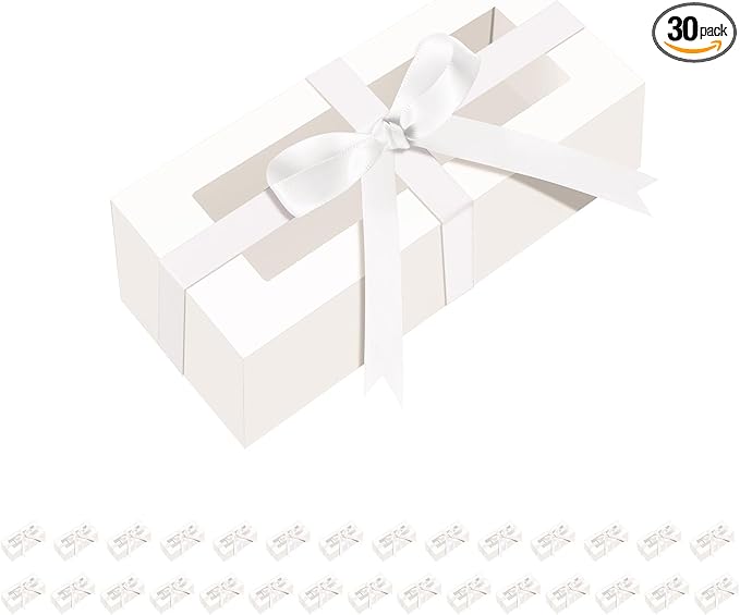 HAPPY POTATO 30 Pack Macaron Boxes for 4 or 5, 4×1.9×1.9 Inches, Macaron Packaging Boxes, White Macaron Box with Clear Window, Macaron Container Gift Boxes with Ribbon