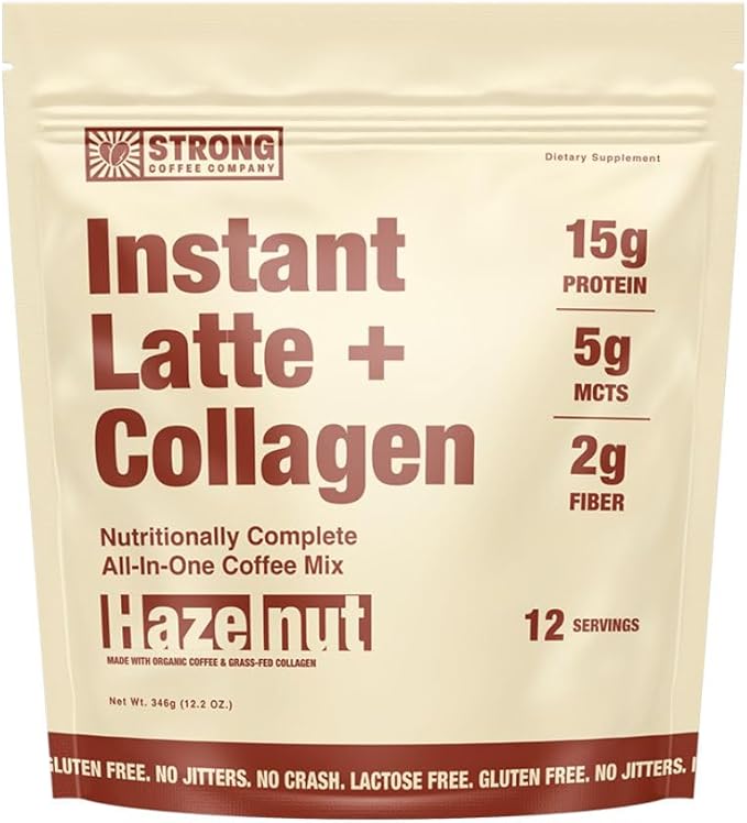 STRONG COFFEE COMPANY Instant Hazelnut Latte - 15g Protein, Instant Protein Coffee with Collagen, Adaptogens & Nootropics, No Crash, No Jitters, 12 Servings Bag