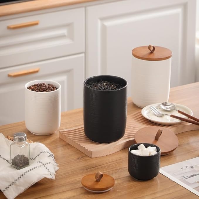 Food Storage Jar Strong Ceramic Storage Canisters with Airtight Wooden Lid,Kitchen Storage Containers for Serving Coffee Beans, Tea, Sugar, Salt, Spices (Medium black)