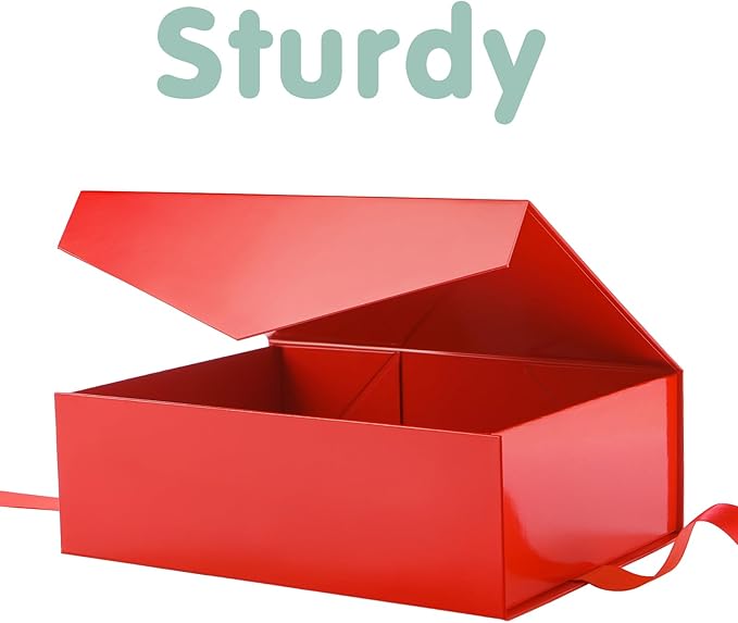 HAPPY POTATO Large Christmas Gift Box with Ribbon 11.5x8.1x3.8 Inches, Red Box with Lid, Bridesmaid Proposal Box, Magnetic Gift Box for Presents (Glossy Red)