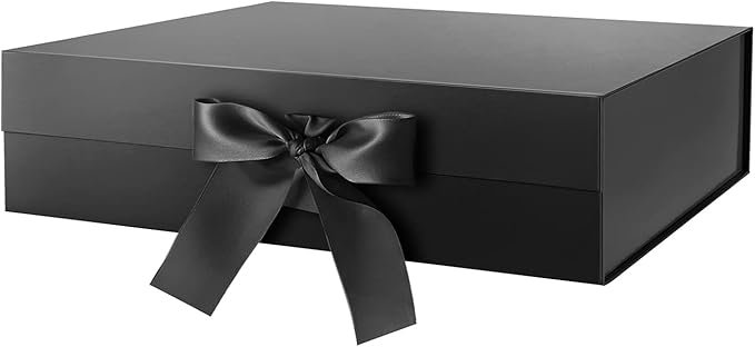 HAPPY POTATO Large Black Gift Box with Lid and Ribbon 13.5x9x4.1 Inches, Groomsman Proposal Box, Magnetic Gift Box for presents (Glossy Black)