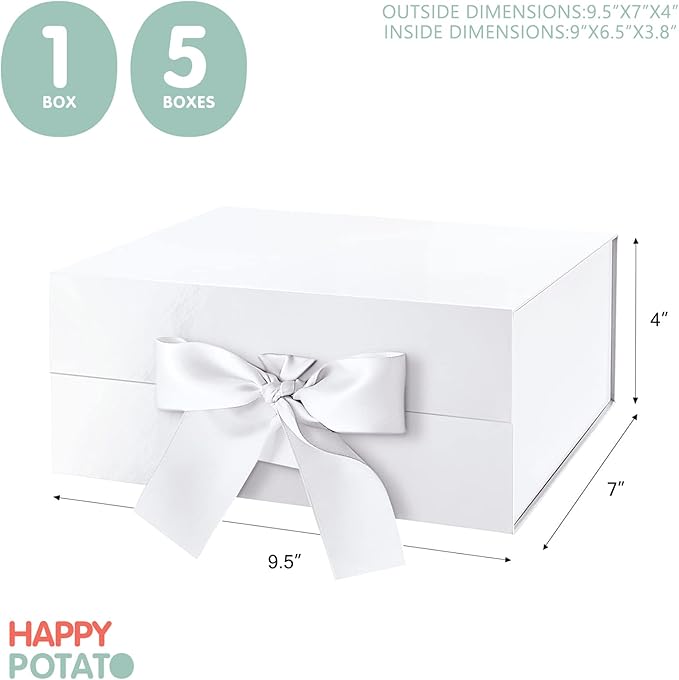 HAPPY POTATO Gift Box for Presents with Ribbon 9x6.5x3.8 Inches, White Gift Box with Lid, Bridesmaid Proposal Boxes (Glossy White)