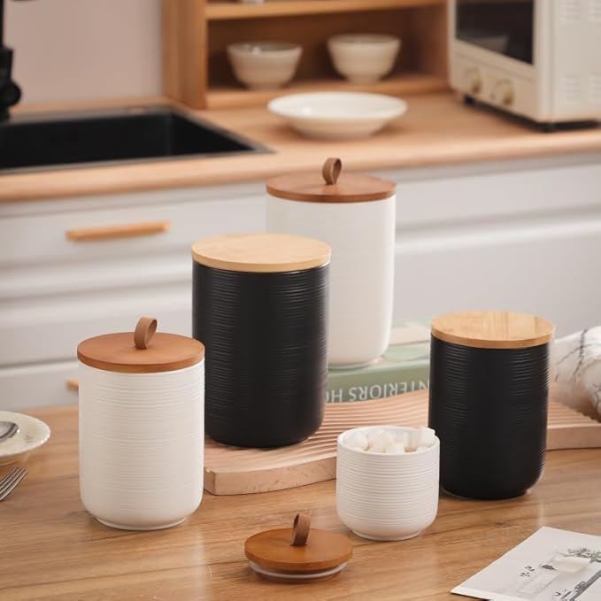 Food Storage Jar Strong Ceramic Storage Canisters with Airtight Wooden Lid,Kitchen Storage Containers for Serving Coffee Beans, Tea, Sugar, Salt, Spices (Medium black)