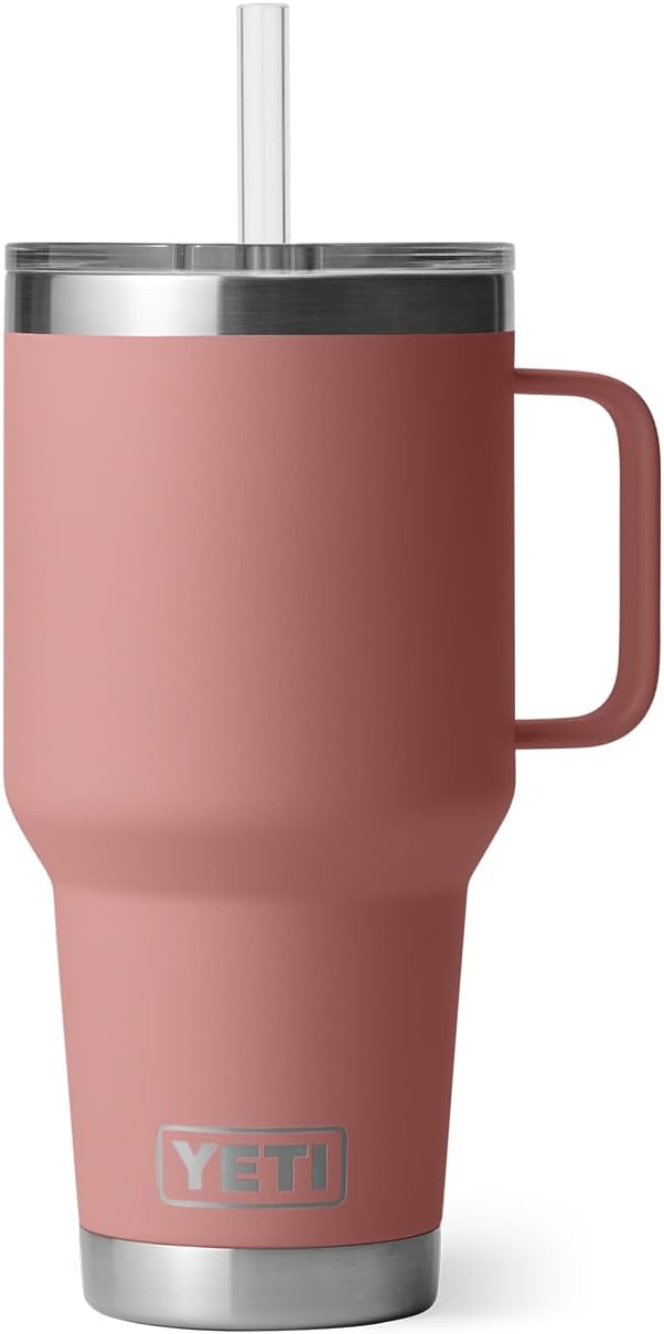 YETI Rambler 35 oz Tumbler with Handle and Straw Lid, Travel Mug Water Tumbler, Vacuum Insulated Cup with Handle, Stainless Steel, Sandstone Pink
