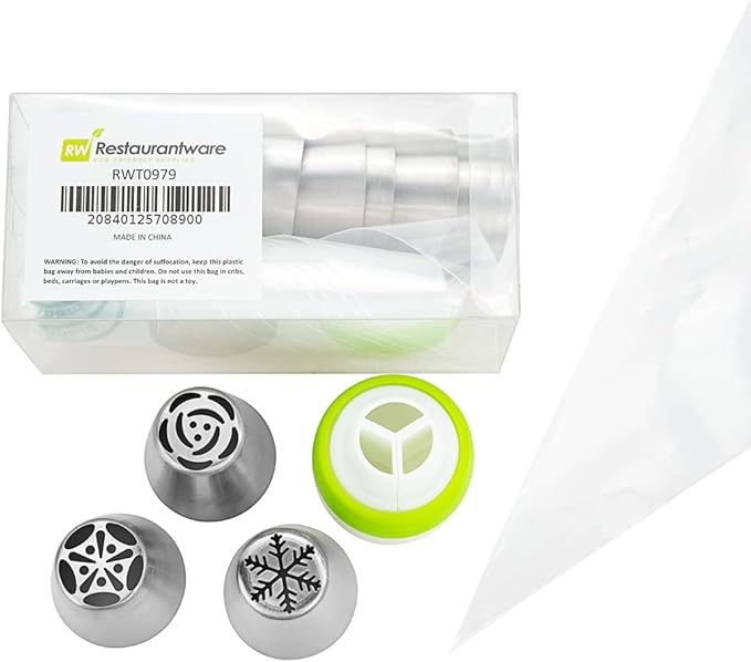 Restaurantware Pastry Tek Russian Piping Tips Set 21 Piece Durable Cake Decorating Kit - 10 Piping Tips 10 Piping Bags Stainless Steel Piping Bags And Tips Set 1 Tri-Color Coupler
